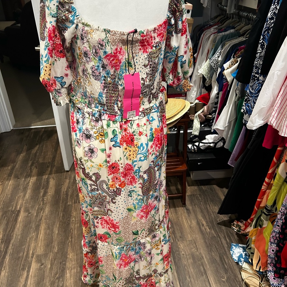 Betsey Johnson Cream Off-Shoulder Maxi Sundress